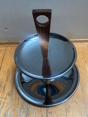 Vintage MCM Kromex 2-Tier Chrome Serving Tray Wood Handle Tidbit Stand